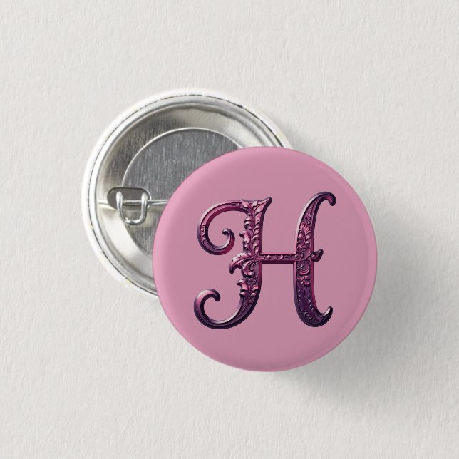 Bóton Redondo 2.54cm Modern Metallic Rosemaling Letter H, Pink/Purple (Frente & Verso)