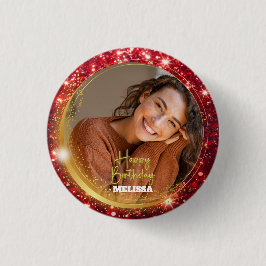 Bóton Redondo 2.54cm Modern Red and Gold Glitter Photo Name Birthday