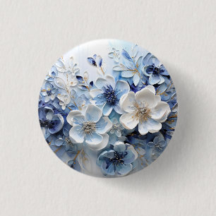 Bóton Redondo 2.54cm Moderno Botânico Floral Azul Branco Elegante
