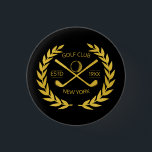 Bóton Redondo 2.54cm Moderno Mínimo Elegante do Clube Golf Dourado Pers<br><div class="desc">Clube de golfe personalizado elegante, moderno, minimalista, design chic. Pino personalizado do botão do clube de golfe com coroa de louros, dois tacos de golfe cruzados e bola de golfe. Pino personalizado do botão golf com o seu logotipo, nome, texto, ano, etc. Botão do clube de golfe de ouro elegante,...</div>