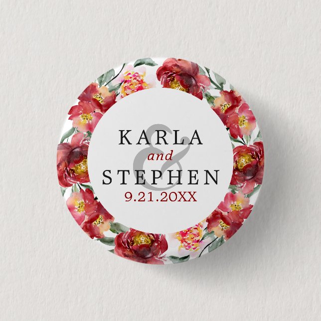 Bóton Redondo 2.54cm Moldura das Flores do Jardim Vermelho Profundo (Frente)