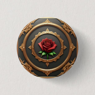 Bóton Redondo 2.54cm Moldura Dourada Intrincada com Rosa Vermelha