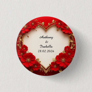 Bóton Redondo 2.54cm Moldura Floral Vermelha em Forma de Coração com Br