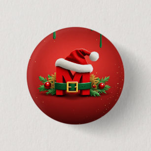 Bóton Redondo 2.54cm Monograma de Natal Personalizado M com Chapéu de P