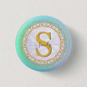 Bóton Redondo 2.54cm Monograma Personalizado Mandala Dourado e Azul