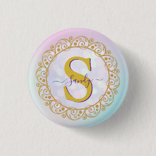 Bóton Redondo 2.54cm Monograma Personalizado Mandala Dourado e Azul