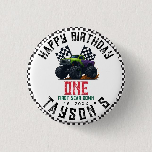 Bóton Redondo 2.54cm Monster Trucks 1st Birthday Vroom Party (Frente)
