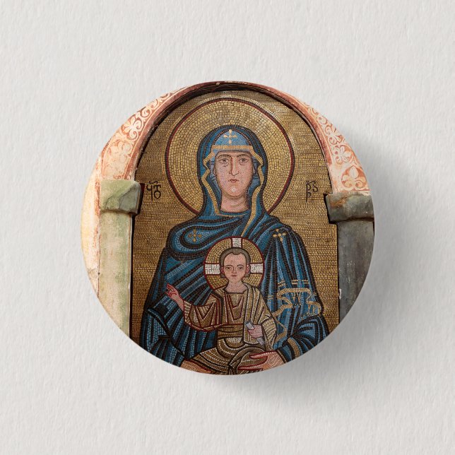 Bóton Redondo 2.54cm Mosaico da Virgem Maria e Jesus (Frente)