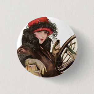 Bóton Redondo 2.54cm Mulher Art Déco Vintage Chapéu Vermelho Automóvel