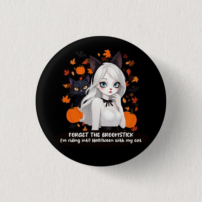 Bóton Redondo 2.54cm Mulher de anime com gato preto. (Frente)