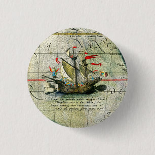 Bóton Redondo 2.54cm Navio de Magalhães Victoria, Mapa Antiquado do Oce