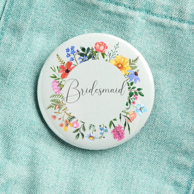 Bóton Redondo 2.54cm Noiva de Wildflower Roteiro Casamento  (Bridesmaid  Wildflower Watercolor Floral Wreath Wedding Button
)
