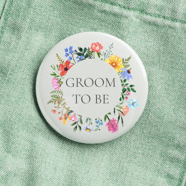 Bóton Redondo 2.54cm Noivo de Wildflower Casamento  (Groom to be Wildflower Watercolor Floral Wreath Wedding Button)
