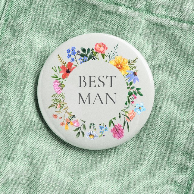 Bóton Redondo 2.54cm Noivo Flor Silvestre Casamento  (Best Man Wildflower Watercolor Floral Wreath Wedding Button
)