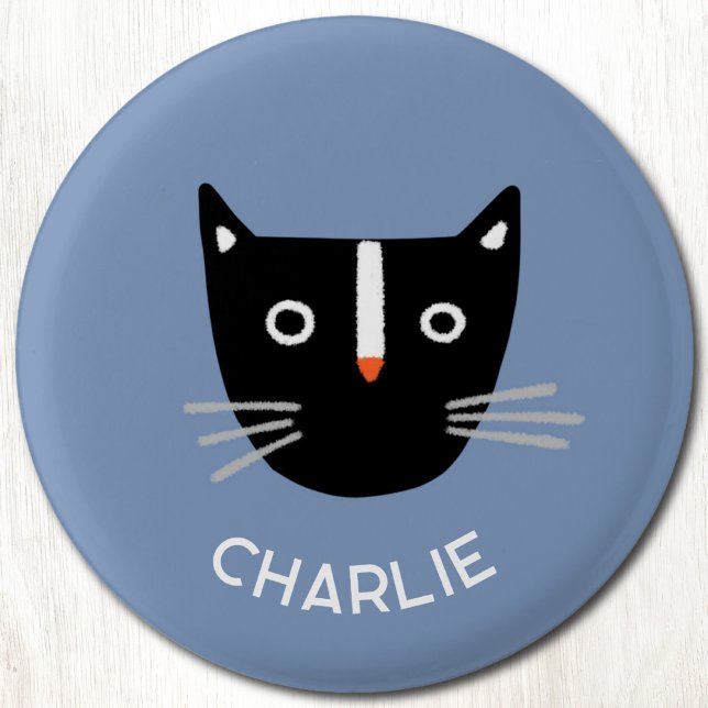 Bóton Redondo 2.54cm Nome Personalizado de Cat. Branca em Preto (Fun black and white tuxedo cat personalized name button)