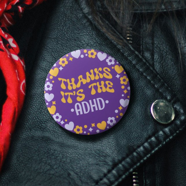 Bóton Redondo 2.54cm Obrigado É O ADHD Roxo Groovy 70s (Thanks It's The ADHD Purple Groovy 70s Button)
