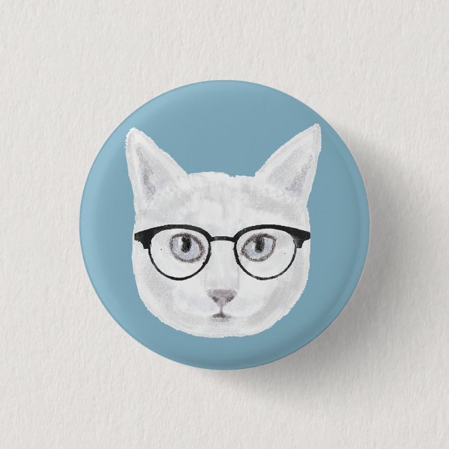 Bóton Redondo 2.54cm Óculos de Visto de Gatos de Hipster Branco (Frente)
