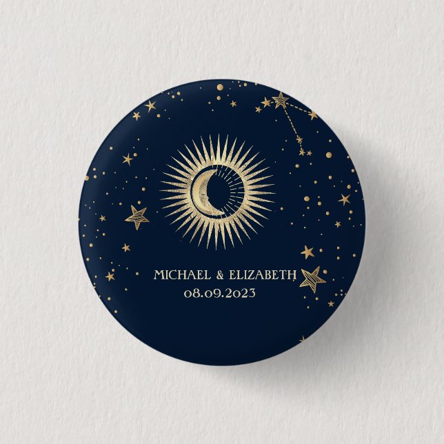 Bóton Redondo 2.54cm Ouro Celestial Sol e Lua Estrelas (Frente)
