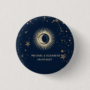 Bóton Redondo 2.54cm Ouro Celestial Sol e Lua Estrelas
