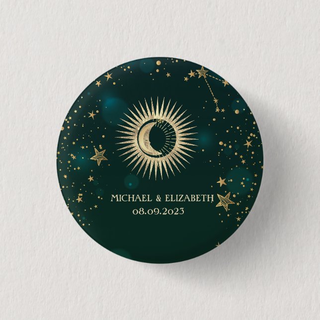 Bóton Redondo 2.54cm Ouro Celestial Sol e Lua Estrelas Verde (Frente)