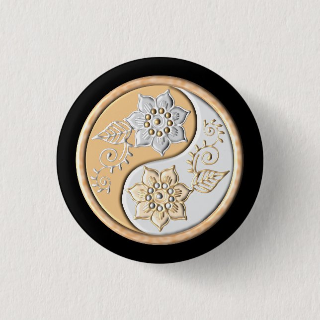 Bóton Redondo 2.54cm Ouro & Prata Yin Yang  (Frente)