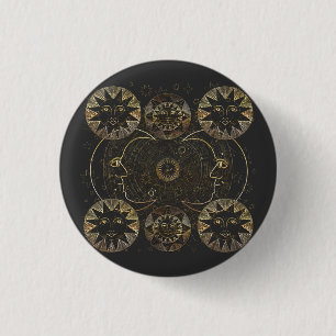 Bóton Redondo 2.54cm Ouro Sun Moon Stars Astronomia Celeste