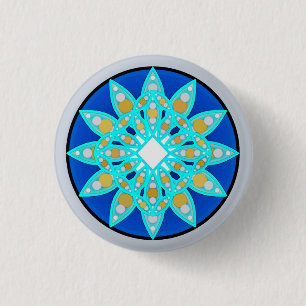 Bóton Redondo 2.54cm Padrão de Mandala em cobalto, cinza e turquesa