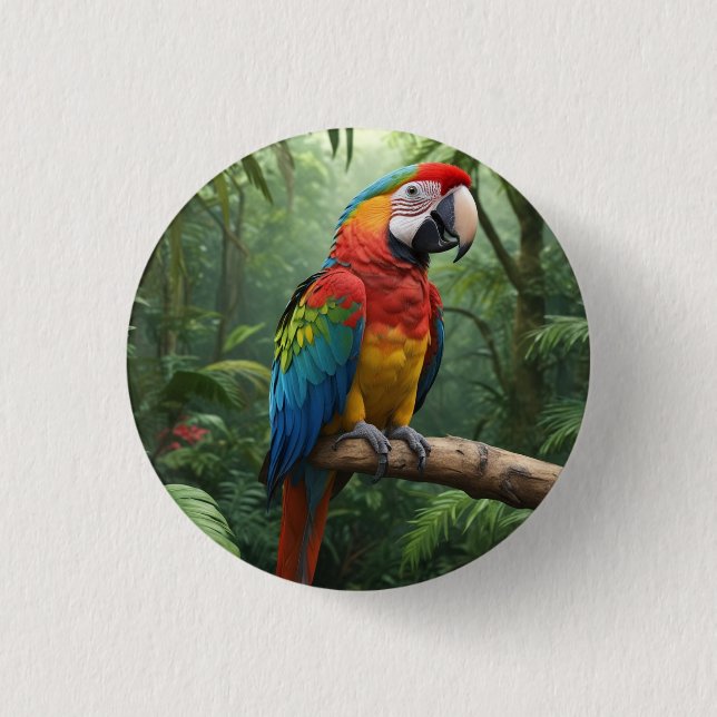 Bóton Redondo 2.54cm Papagaio Macaw na Selva (Frente)