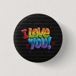 Bóton Redondo 2.54cm Parede de Tijolo Preto com Grafite “Eu Te Amo!”
