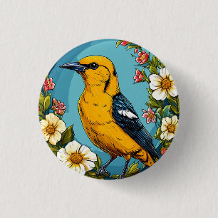 Bóton Redondo 2.54cm Pássaro de Oriole Dourado Colorido Entre Flores em