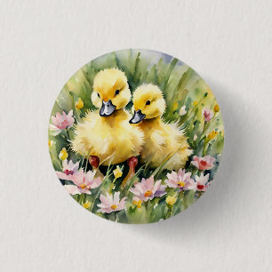 Bóton Redondo 2.54cm Patos de Aquarelas no Prado de Flores Selvagens