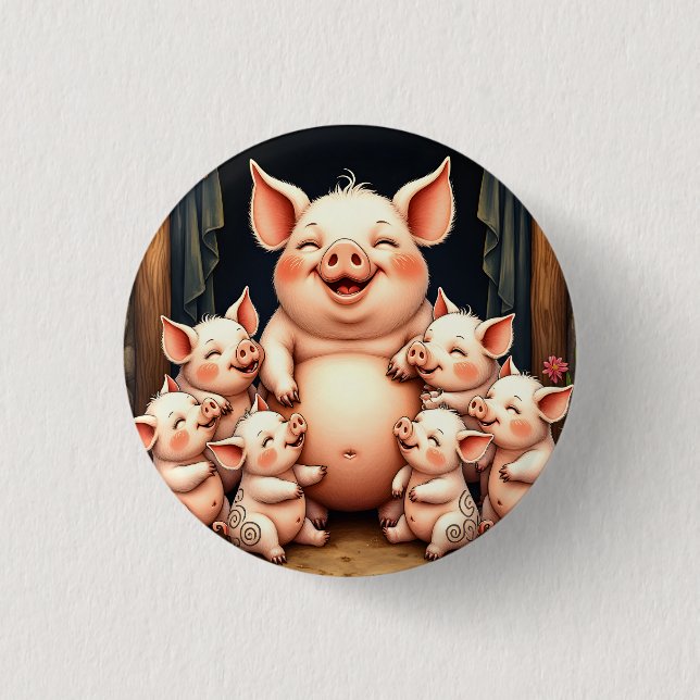 Bóton Redondo 2.54cm  Pig Art – Mother & Piglets (Frente)