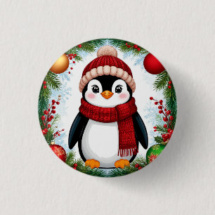 Bóton Redondo 2.54cm Pinguim Festivo Decorado Com Enfeites de Feriado