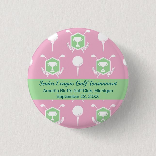 Bóton Redondo 2.54cm Pink & Green - Golf League Party Favor Button (Frente)