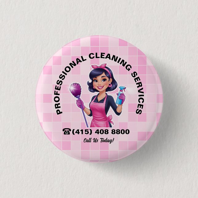 Bóton Redondo 2.54cm Pink Maid Janitorial Cleaning Service (Frente)