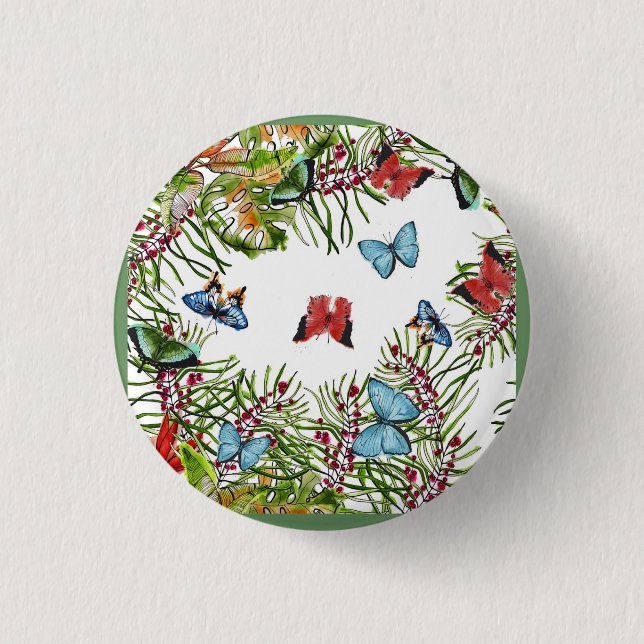 Bóton Redondo 2.54cm Plantas Tropicais Borboletas Berries Vermelho Azul (Frente)