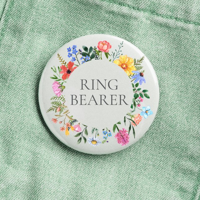 Bóton Redondo 2.54cm Portador de Aliança de Noiva com Flor Silvestre  (Ring Bearer Wildflower Watercolor Floral Wreath Wedding Button)