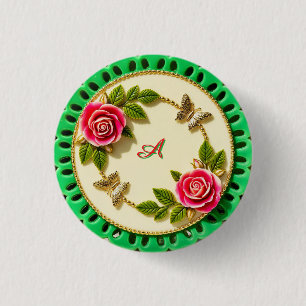 Bóton Redondo 2.54cm Prato Decorativo Com Borda Verde E Rosa Pink