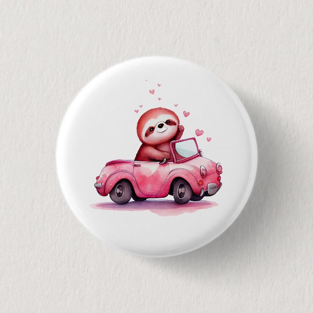 Bóton Redondo 2.54cm Preguiça Fofa Dirigindo um Conversível Rosa (Frente)