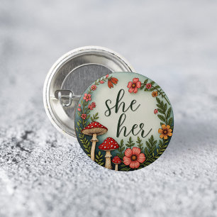 Bóton Redondo 2.54cm Prendedor de Pronome She/Her Cottagecore LGBTQ