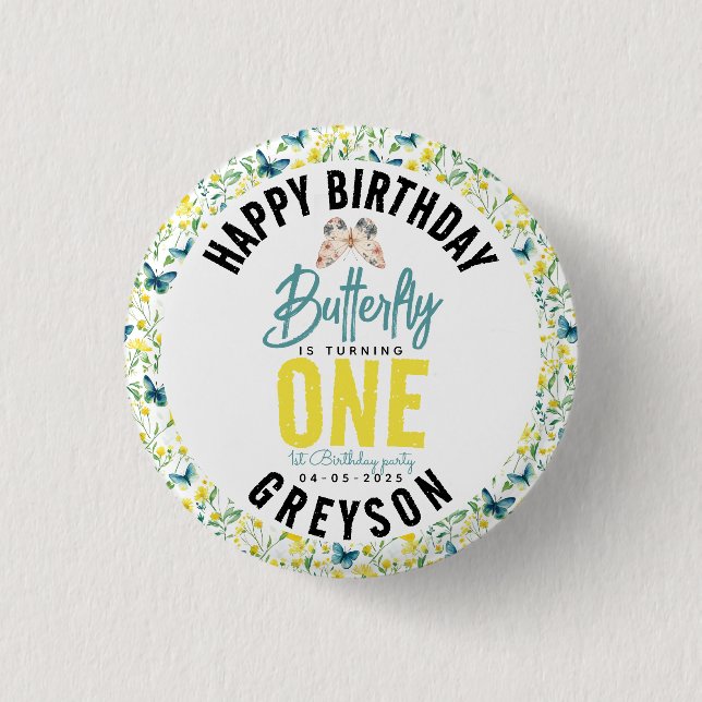 Bóton Redondo 2.54cm Primeiro aniversario Floral de Borboleta Whimsic (Frente)