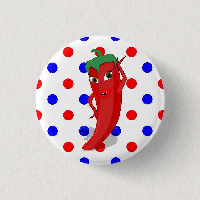 Bóton Redondo 2.54cm Red Hot Pepper Diva Red Blue Bolinhas (Frente)