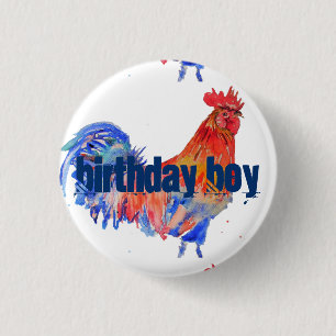 Bóton Redondo 2.54cm Red Rooster Blue Watercolor Birthday Boy Art