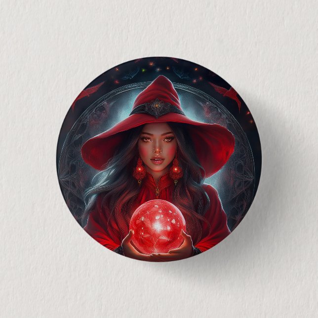 Bóton Redondo 2.54cm Red Witch With Crystal Ball And Amazing Background (Frente)