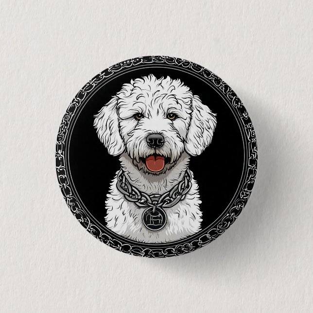 Bóton Redondo 2.54cm Retrato de Cachorro Branco com Coleira de Cadeia (Frente)