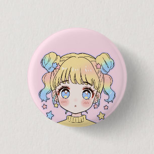 Bóton Redondo 2.54cm Retrato de Menina Estrela Pastel Kawaii