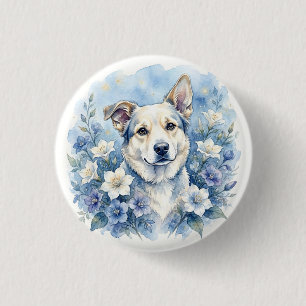 Bóton Redondo 2.54cm Retrato Floral Botânico de Cachorro em Aquarela