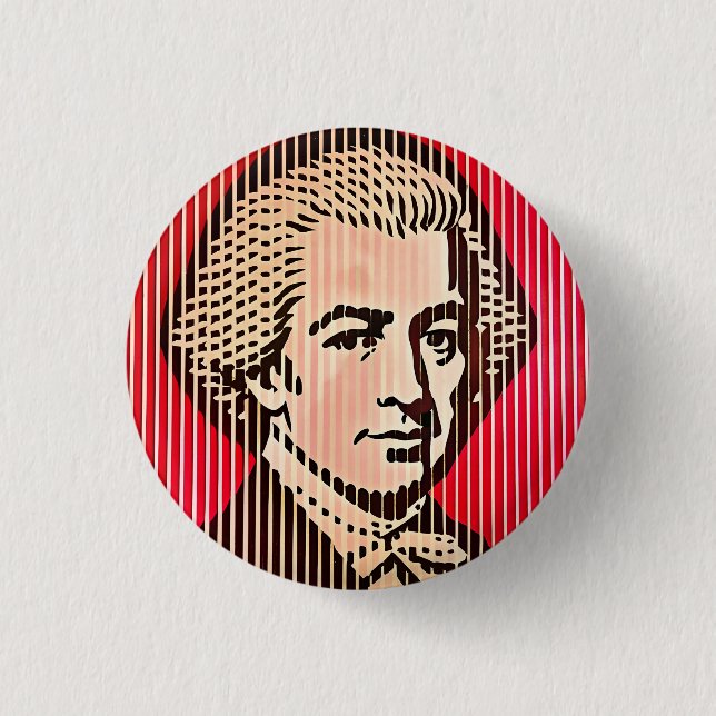Bóton Redondo 2.54cm Retrato Mozart no estilo de ilusão óptica BAUHAUS (Frente)