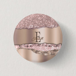 Bóton Redondo 2.54cm Rosa Dourado Tendência Diamantes Brilho Monograma