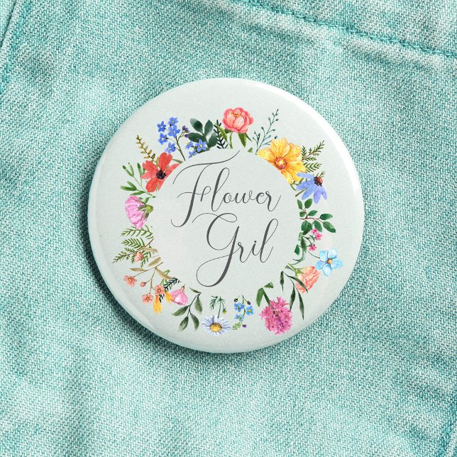 Bóton Redondo 2.54cm Roteiro de Menina de Flores Wildflower Casamento  (Flower Girl Wildflower Watercolor Floral Wreath Wedding Button
)